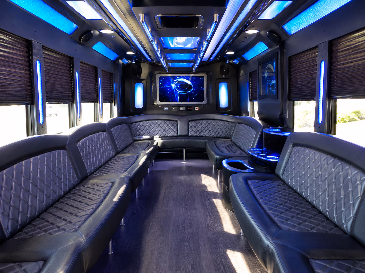 Passenger seating aboard a party bus rental serving Dallas